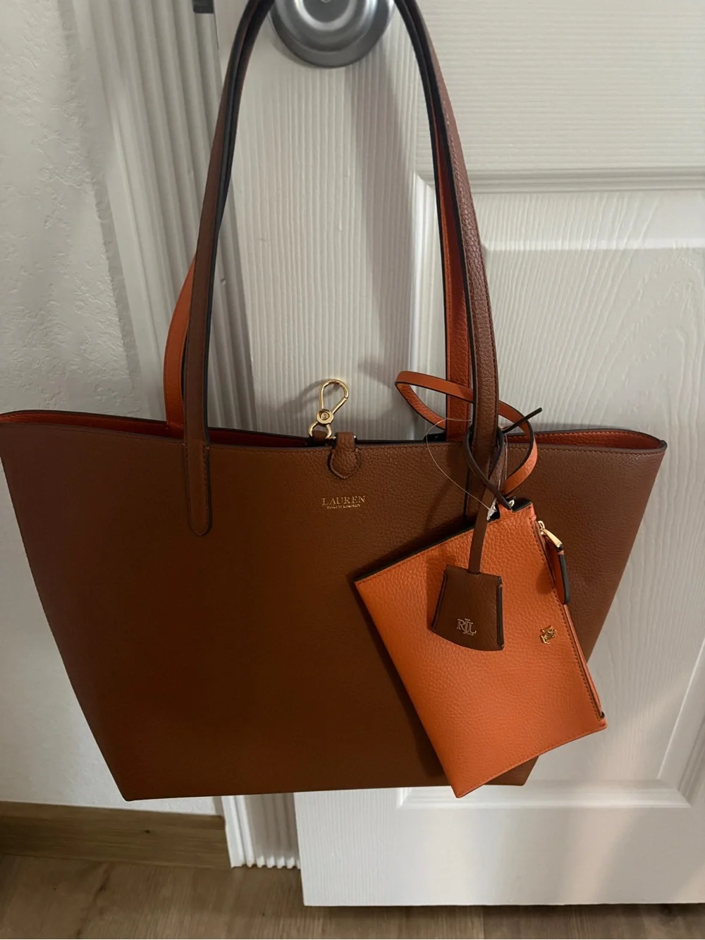 Lauren Ralph Lauren Brown Leather Tote with Orange Pouch Accent